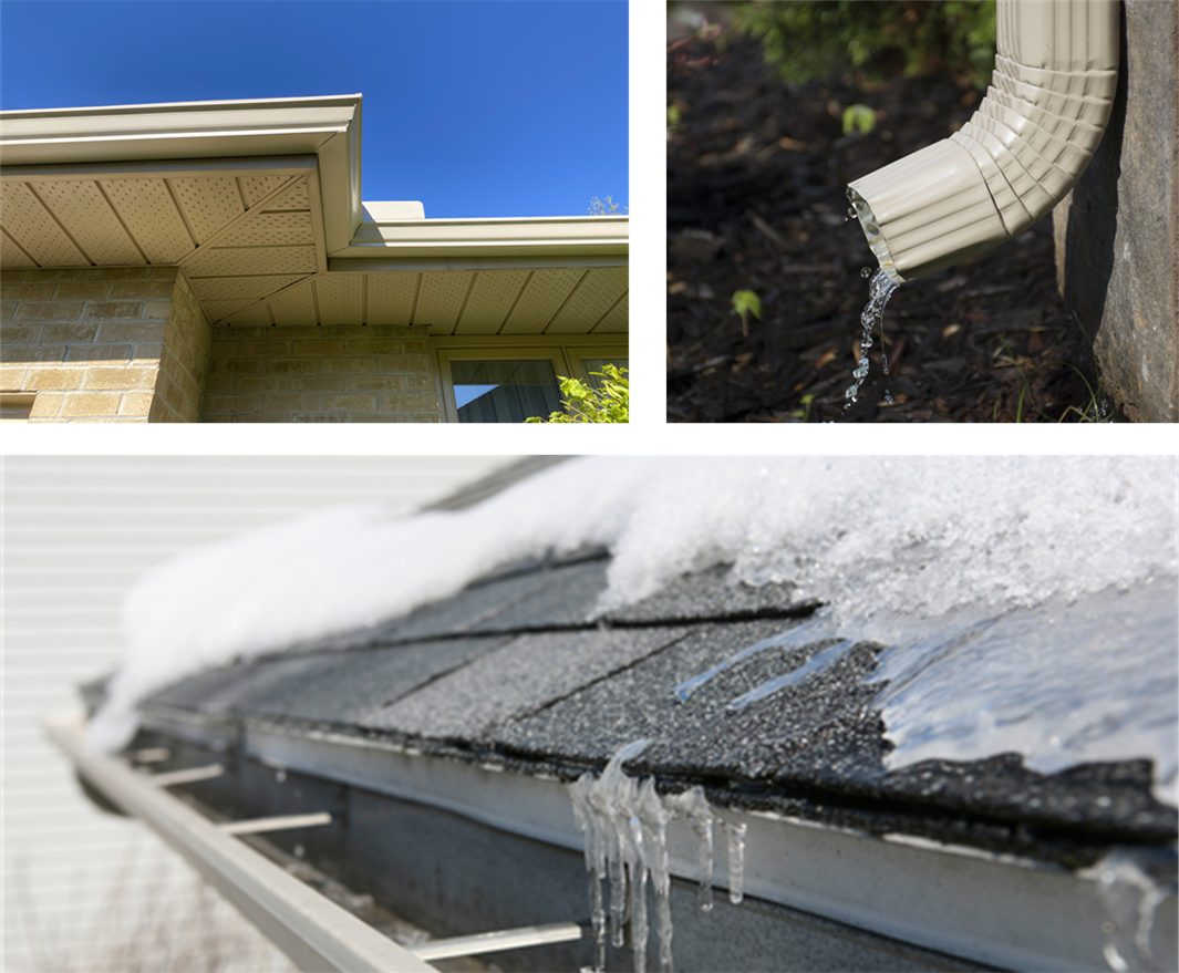 Collage of 3 photos including eavestrough corner looking up at soffit, downspout with water pouring out, and snow melting into a gutter