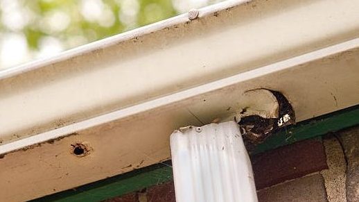 damaged gutter with holes and broken downspout.