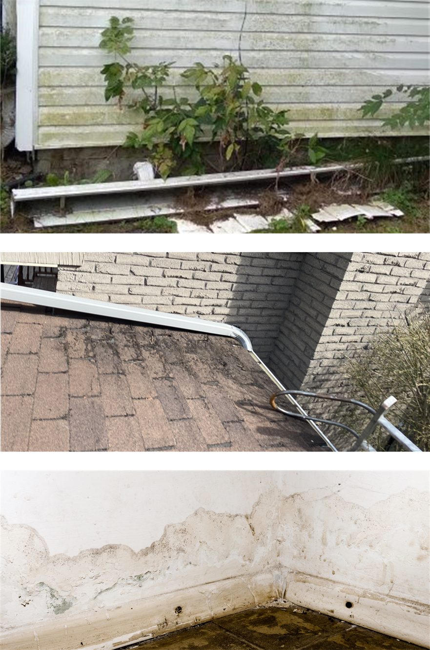 collage of 3 photos including dirty siding with damaged eavestroughs on the ground, rotten roof with misplaced gutter causing damage, and water leak damage inside a house corner