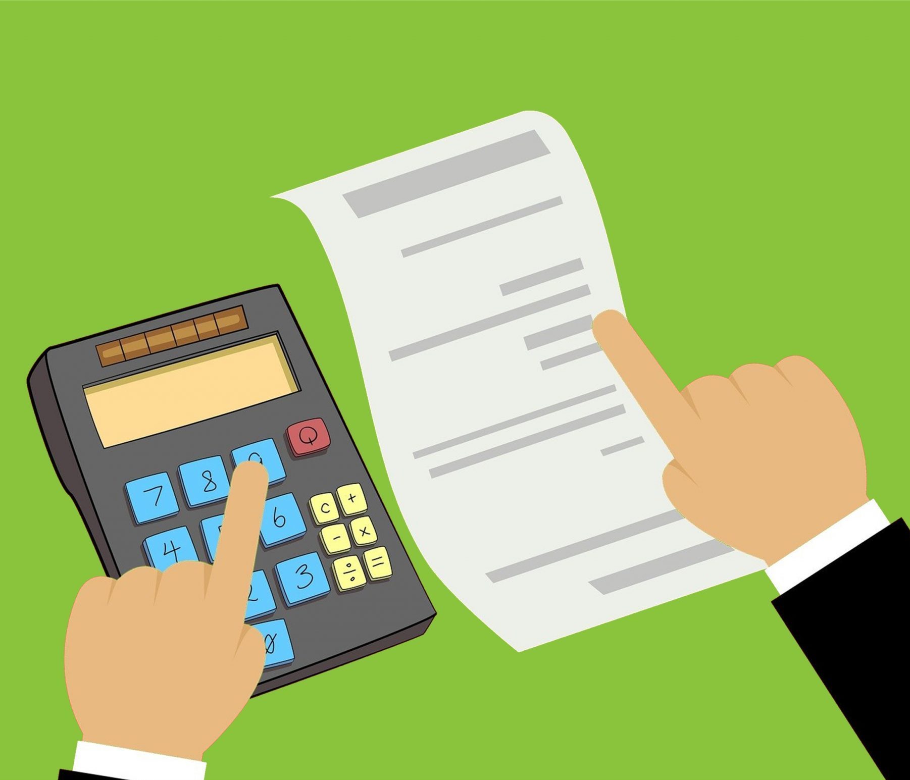 Illustration of one hand typing numbers into calculator and other hand pointing at written document or estimate to prepare quote