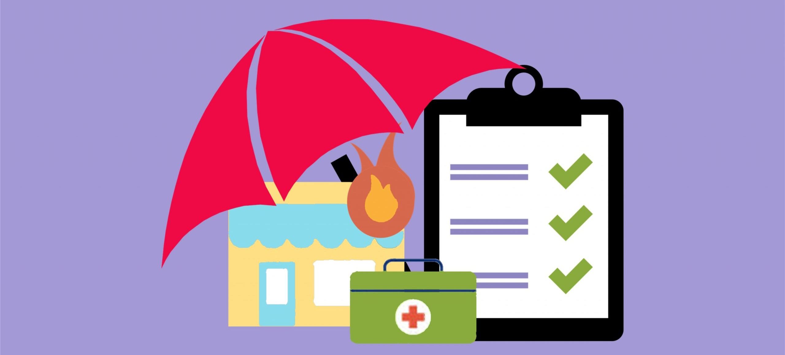 Illustration of umbrella over top of a building with a flame and a first aid kit beside a clipboard to indicate liability and workers’ insurance