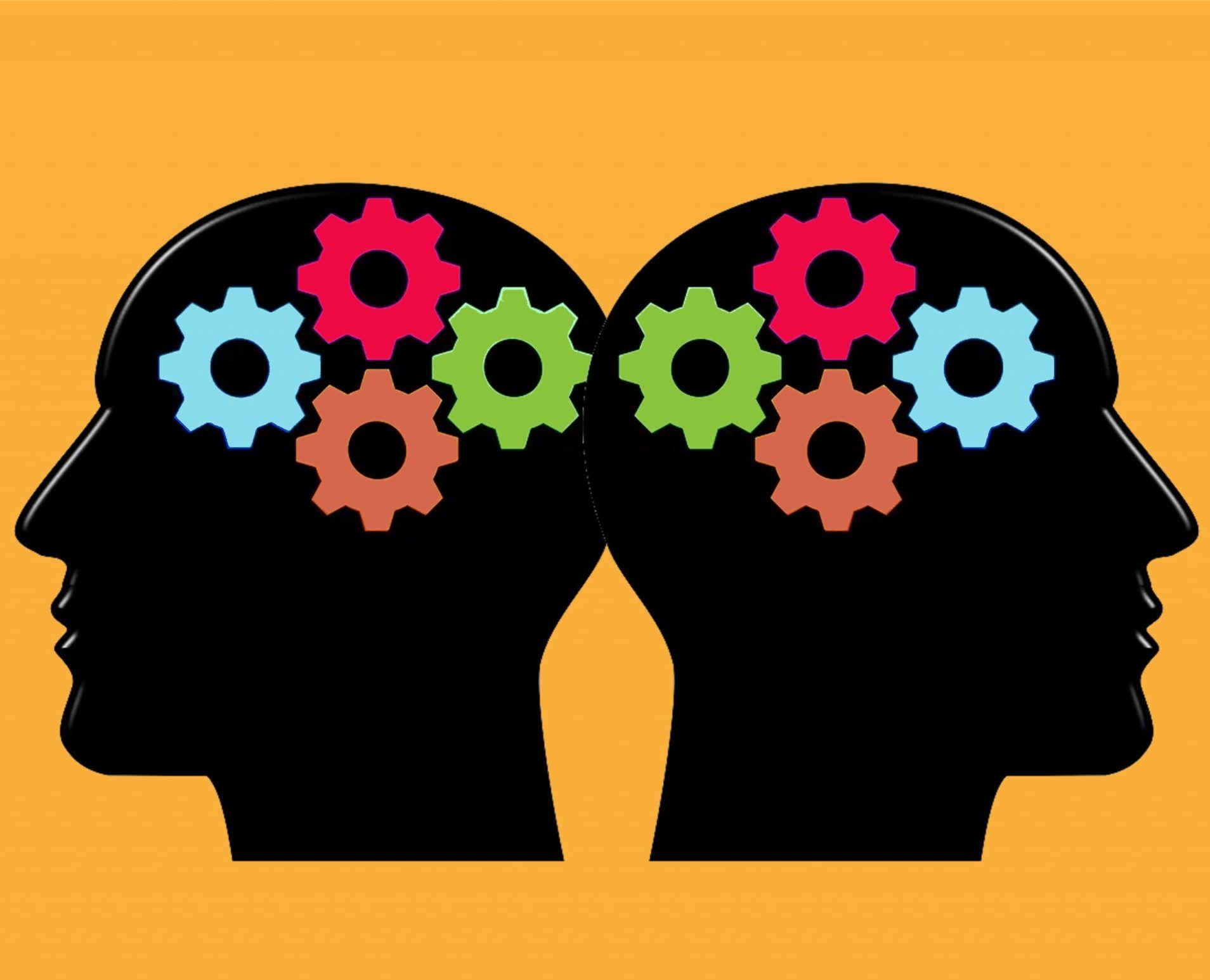 Illustration of 2 silhouette heads with coloured gears inside for knowledge and experience